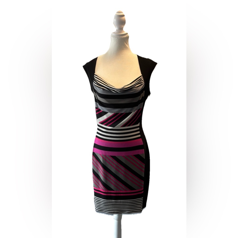 JOSEPH RIBKOFF Cowl Neck Fitted Knee Length Dress Mesh Back Sz 8 Made in Canada
